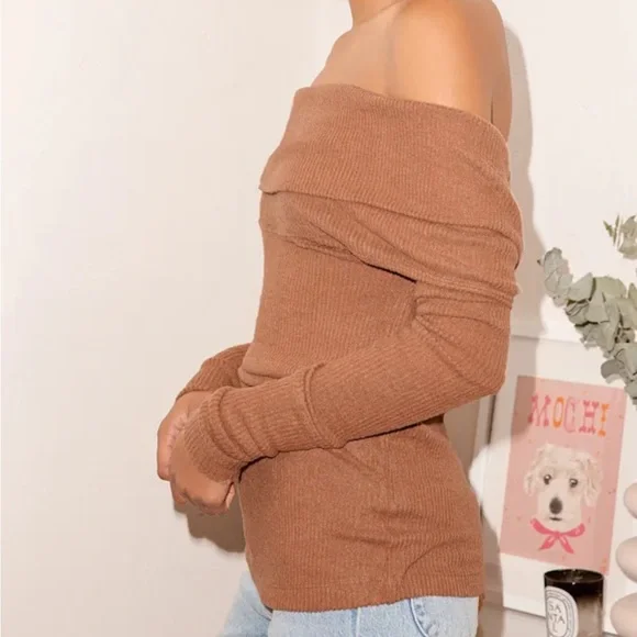 Free People Snowbunny Brown Ribbed Knit Off-the-Shoulder Sweater Top - Picture 4 of 10